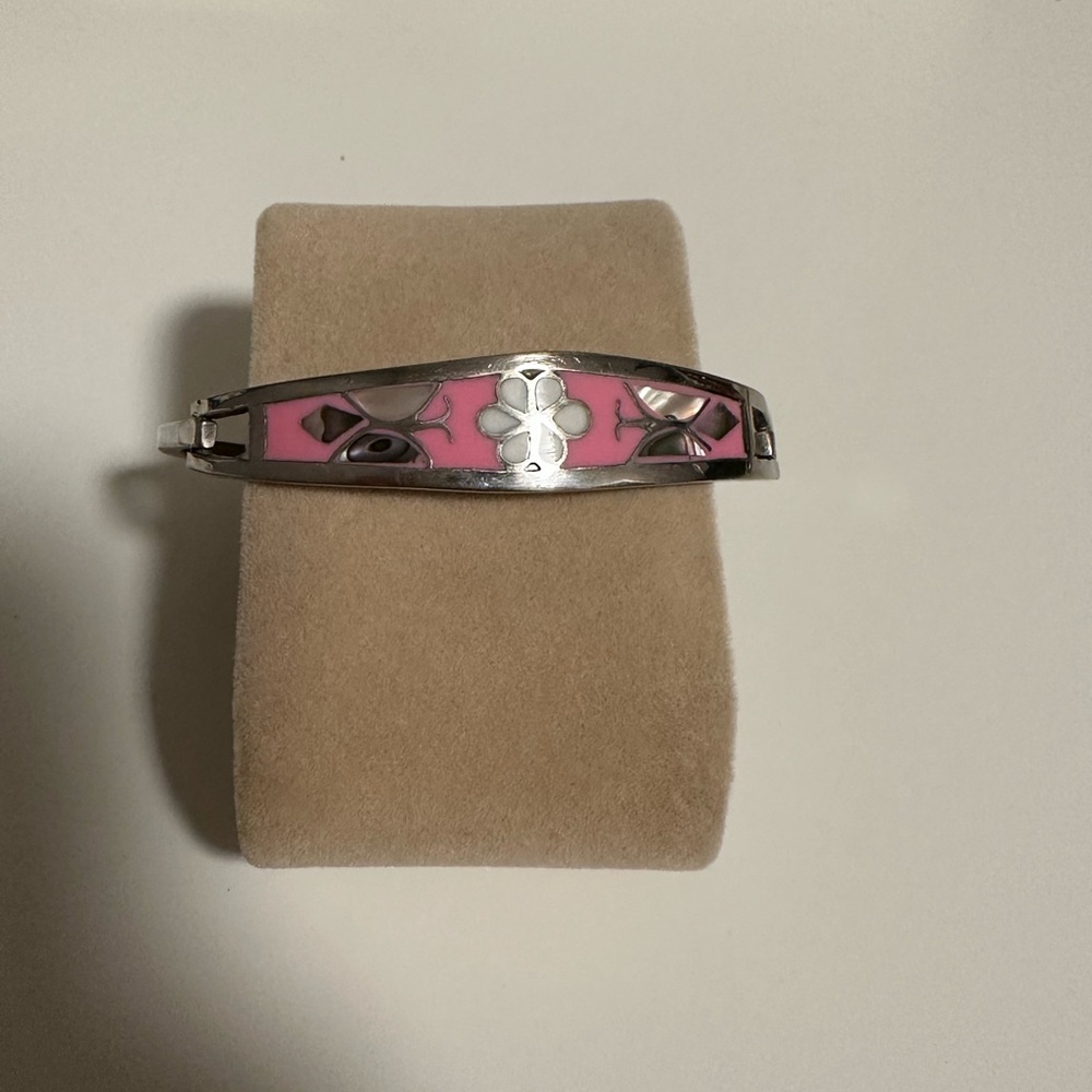 Vintage Taxco Mexico Silver Tone Pink Abalone Shell Flower Hinge Bangle Bracelet